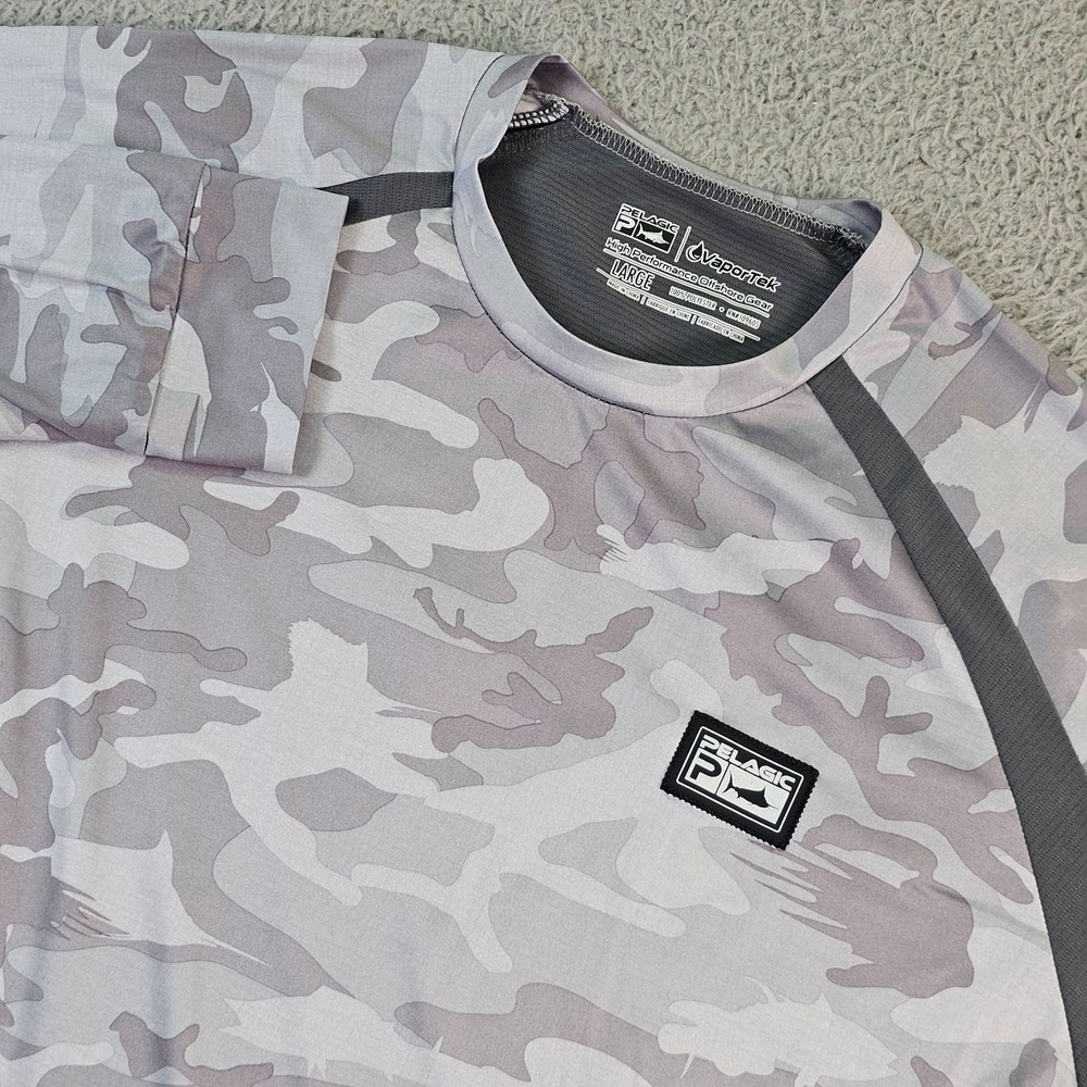 Pelagic Shirt Mens Large Gray Camo VaporTek Long Sleeve UPF 50+ Fishing Tee